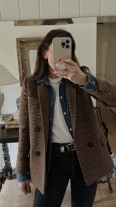 preppy houndstooth blazer over denim shirt timeless classic outfits style aesthetic jessi caparella jessi in san francisco 