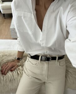 white button down ecru jeans black and silver dehanche belt timeless classic outfits style aesthetic jessi caparella jessi in san francisco grey sweater vintage jeans