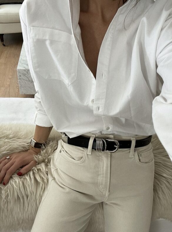 white button down ecru jeans black and silver dehanche belt timeless classic outfits style aesthetic jessi caparella jessi in san francisco grey sweater vintage jeans