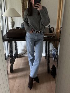 khaite benny belt brown suede boots timeless classic outfits style aesthetic jessi caparella jessi in san francisco grey sweater vintage jeans