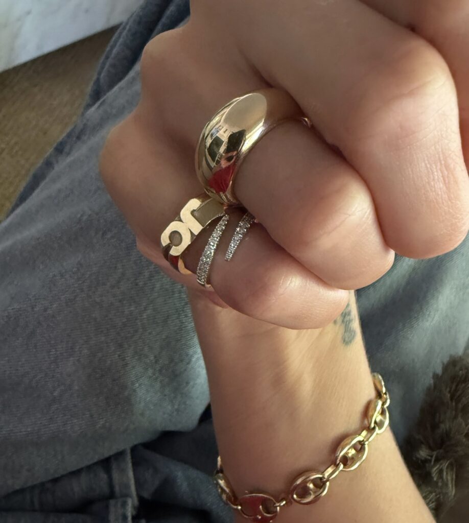 gold moniker inital ring from ariel gordon jewelry discount code CAPARELLA15