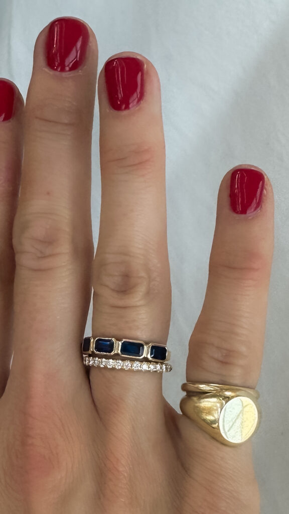 starling gold ring stacks sapphire emerald cut bezel set and ruby gold signet pinky ring